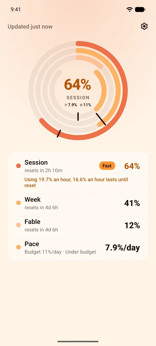 The Android app in rings: session 64% marked fast, week 41%, Fable 12% and pace