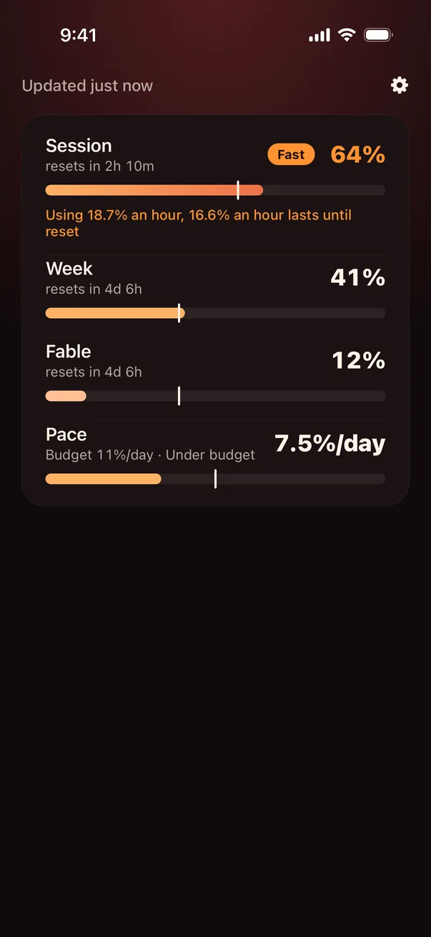 The iPhone app in bars, by night: session, week, Fable and pace as four bars with their marks