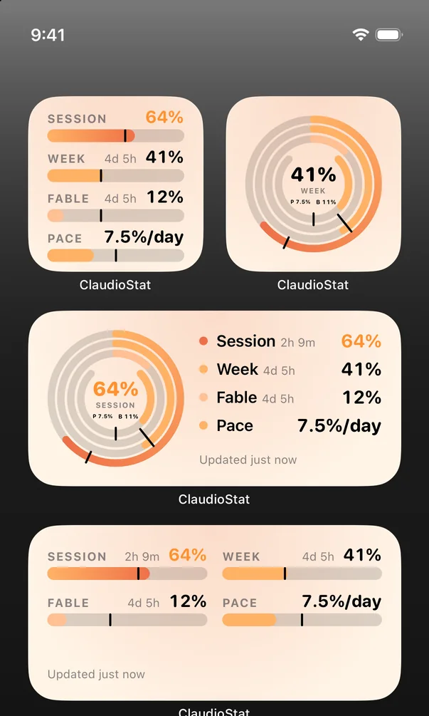 ClaudioStat widgets on the iPhone home screen: small bars and rings, and medium rings and bars