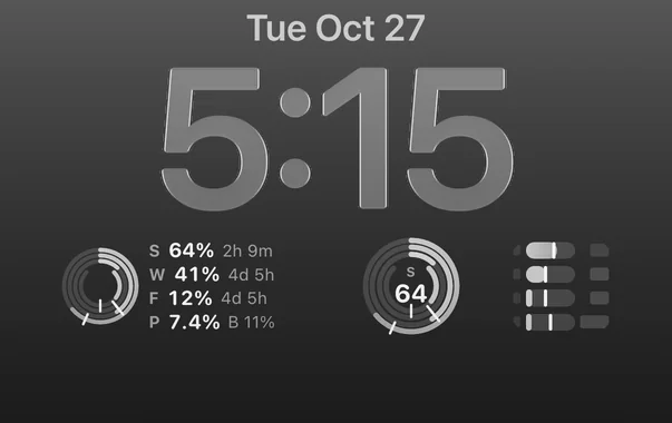 The iPhone lock screen with a wide rings widget, a small rings widget and a small bars widget under the clock