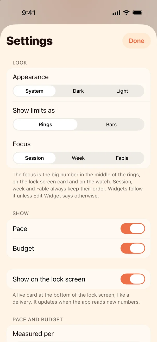 Settings: rings or bars, which limit is the big number, pace and budget on or off, and per day or per hour