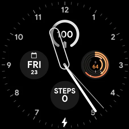 A Wear OS watch face with the date, battery and steps, and ClaudioStat's rings showing session 64%